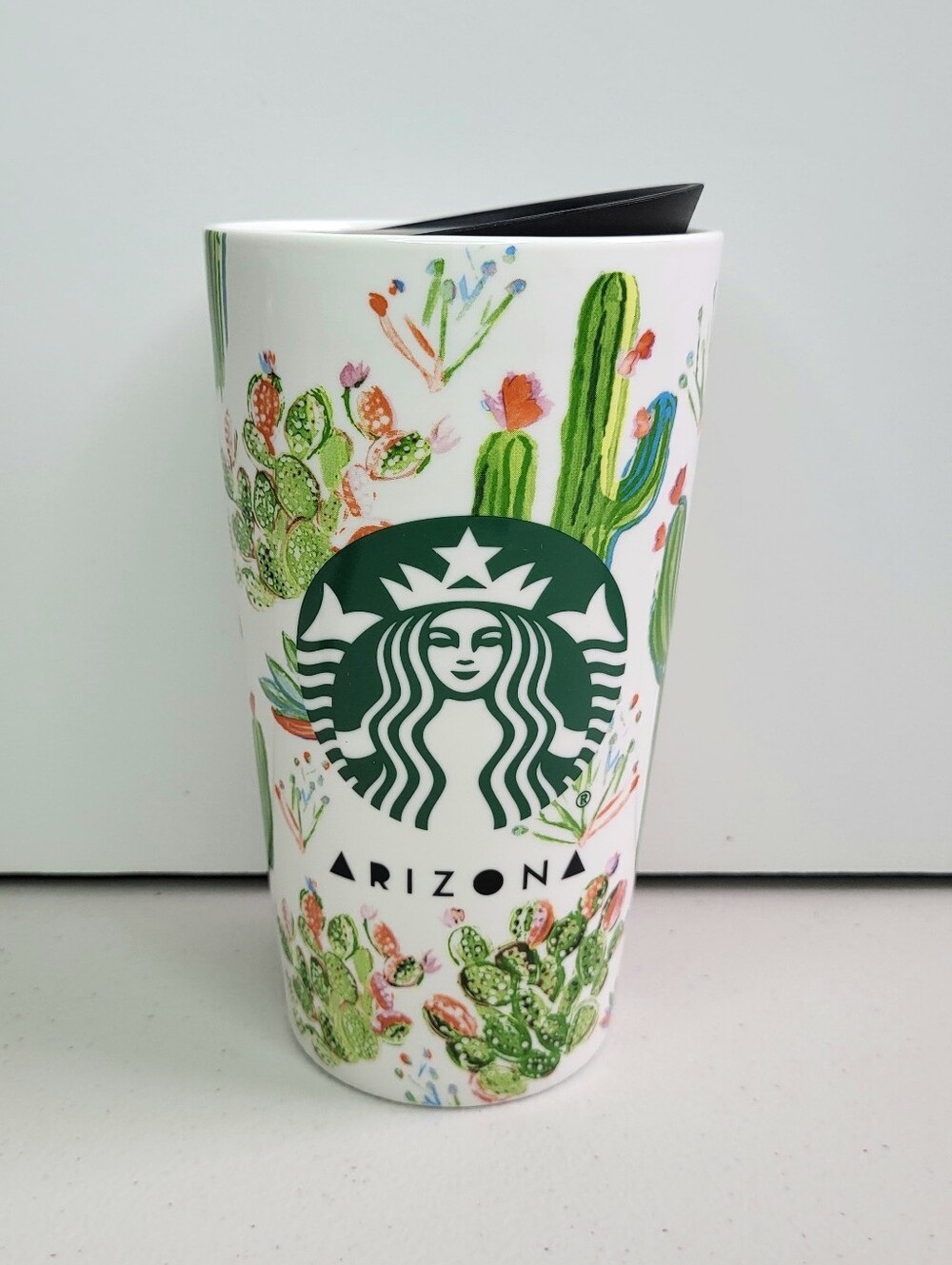 Starbucks 2021 Arizona Green Cactus on White Ceramic Travel Mug With Lid. 12 oz